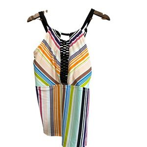 Terra & Sky 2X Multicolor‎ Striped Ladder High Neck Tank Top Plus Size